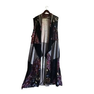 The Pyramid Collection 1X Black Velvet Floral Patchwork Long Duster Vest